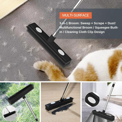 Carpet Rake Reusable Pet Hair Remover Rubber Broom with Squeegee for Pet Hair Removal Tool 59" Long Handle Cat and Dog Hair Remover for Area Rugs, Carpet, Hardwood Floor, Tile