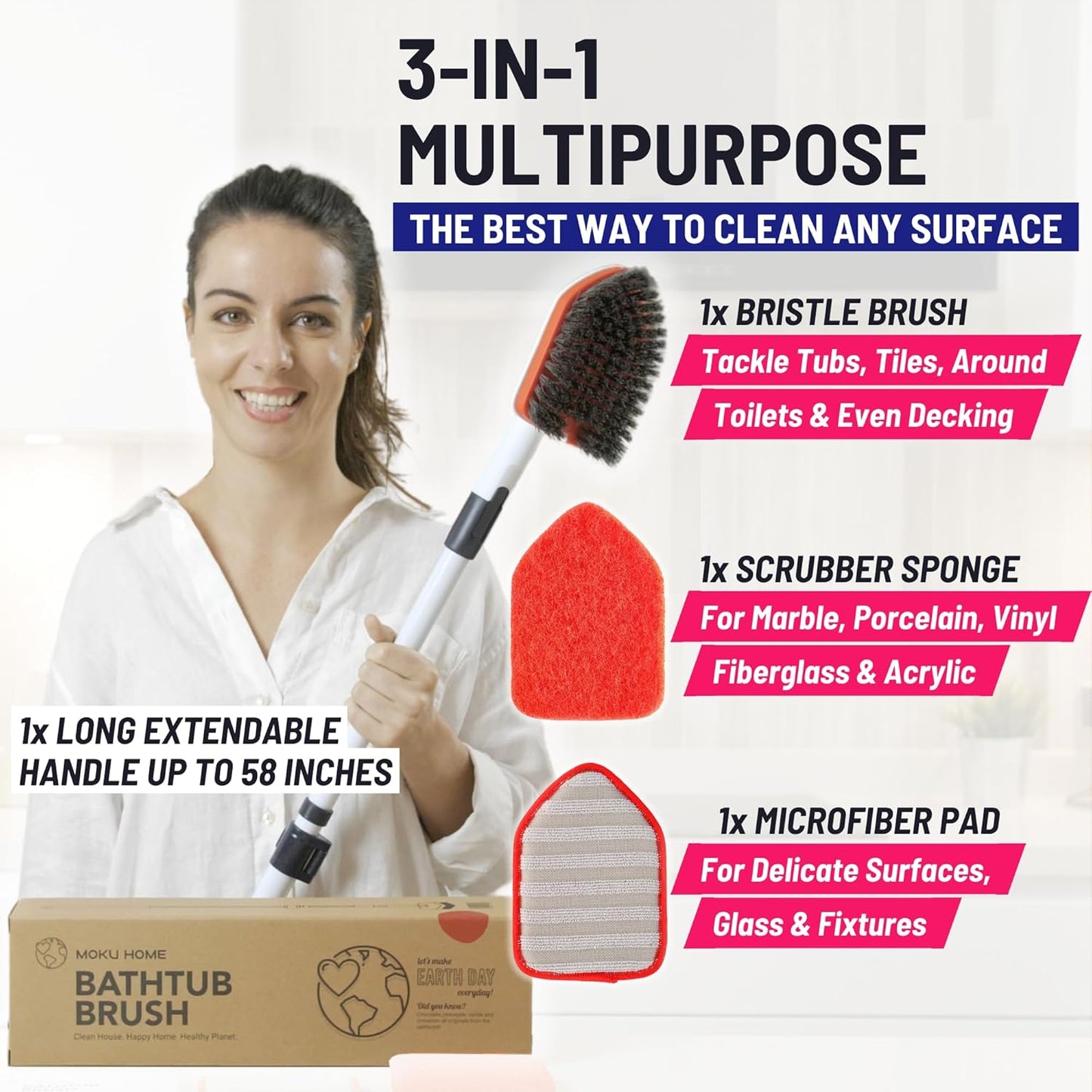 Moku Home Shower Scrubber 3 in 1 Extendable Long Handle 58" Cleaning Brush - Non Scratch Shower Brush for Cleaning Bathroom Kitchen Toilet Wall Tub Tile (Gray)