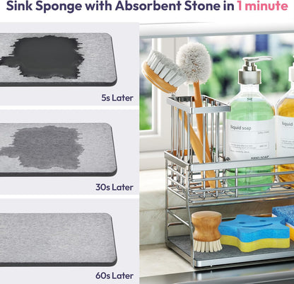 SWTYMIKI Sponge Holder for Kitchen Sink - 2 Tier Rustproof Sink Caddy with Instant Drying Stone, Removable Dish Brush Holder, Stainless Steel Kitchen Caddy for Coutertop Storage Accessories
