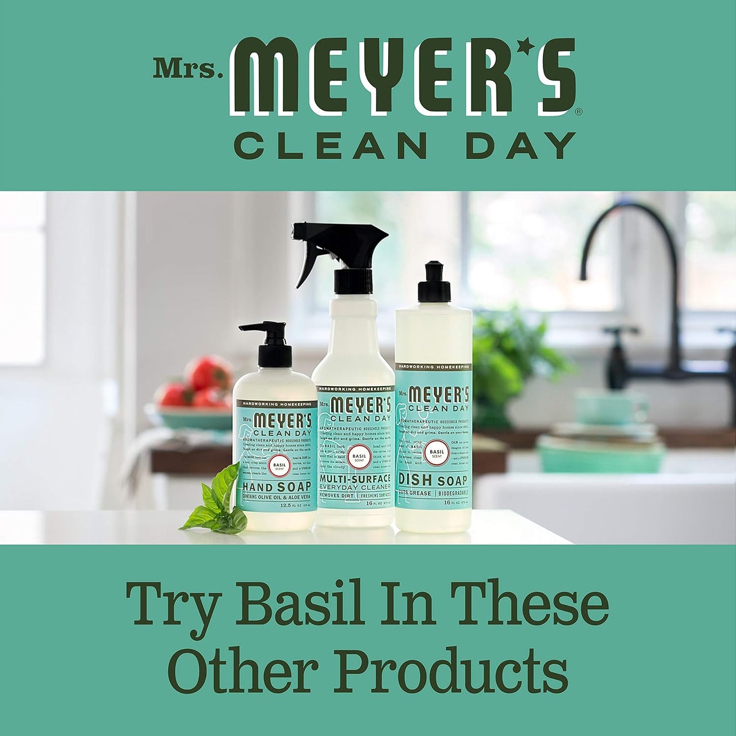 MRS. MEYER'S CLEAN DAY Multi-Surface Everyday Cleaner, Basil Scent, 16 Fl Oz Bottle - 3 Pack