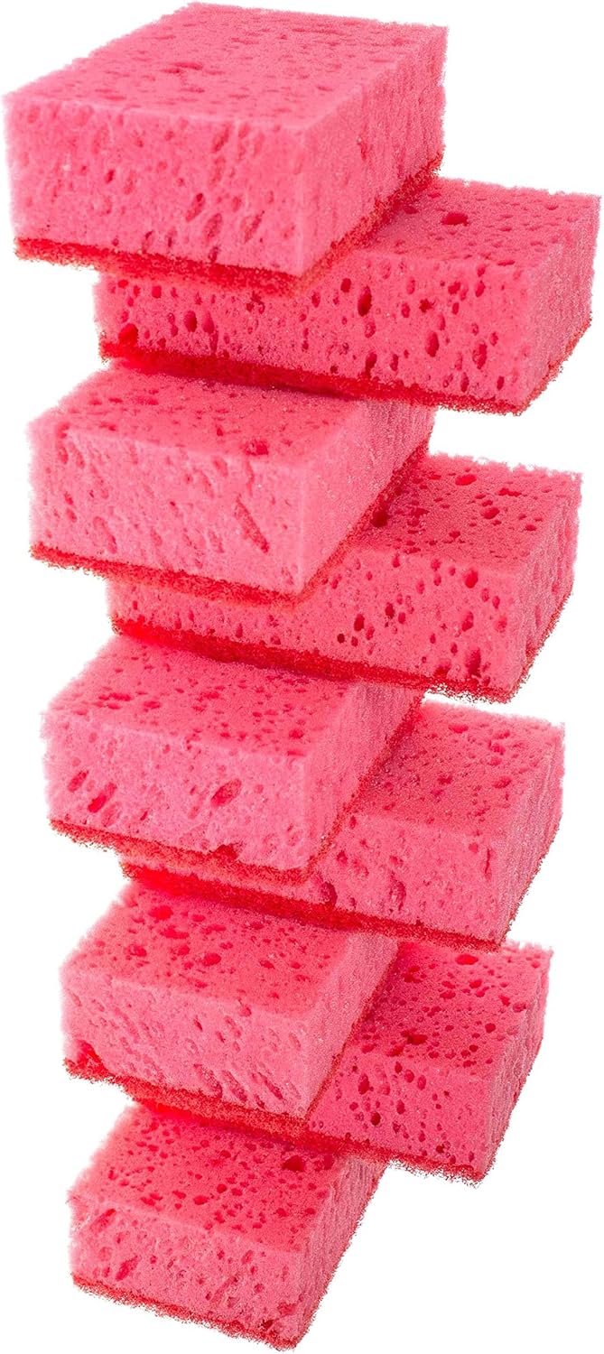 Green Multi Use Scrub Sponge. Made in Europe. 9 Pack, 4.3x2.8x1.4 inches. Odorless Heavy Duty and Non Scratch Fiber. Best, Durable, Delicate, Porous, Non Cellulose Kitchen Sponges and Scrubbers