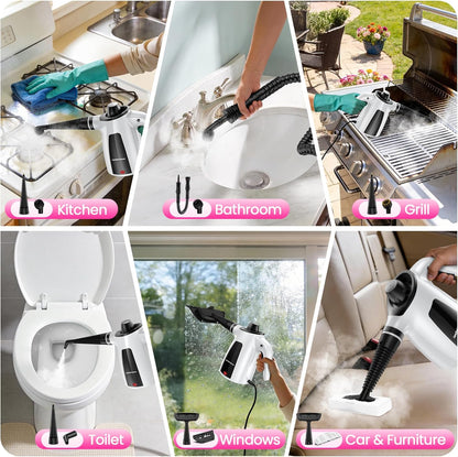 Steam Cleaner, Pressurized Handheld 13pcs Multi-Purpose Natural Deep Cleaning Steamer, Portable Steamer for Cleaning Home, Grout, Kitchen, Car, Window, Upholstery, Bathroom and Clothes, Gray
