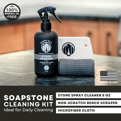 Rhino Wax Soapstone Spray Cleaner - Safely Clean Soap Stone, Slate, Granite, Quartz, Marble, Concrete - Food Safe - Natural Ingredients - Fresh Orange & Lemon Scent Neutralizes Odors - Made in USA