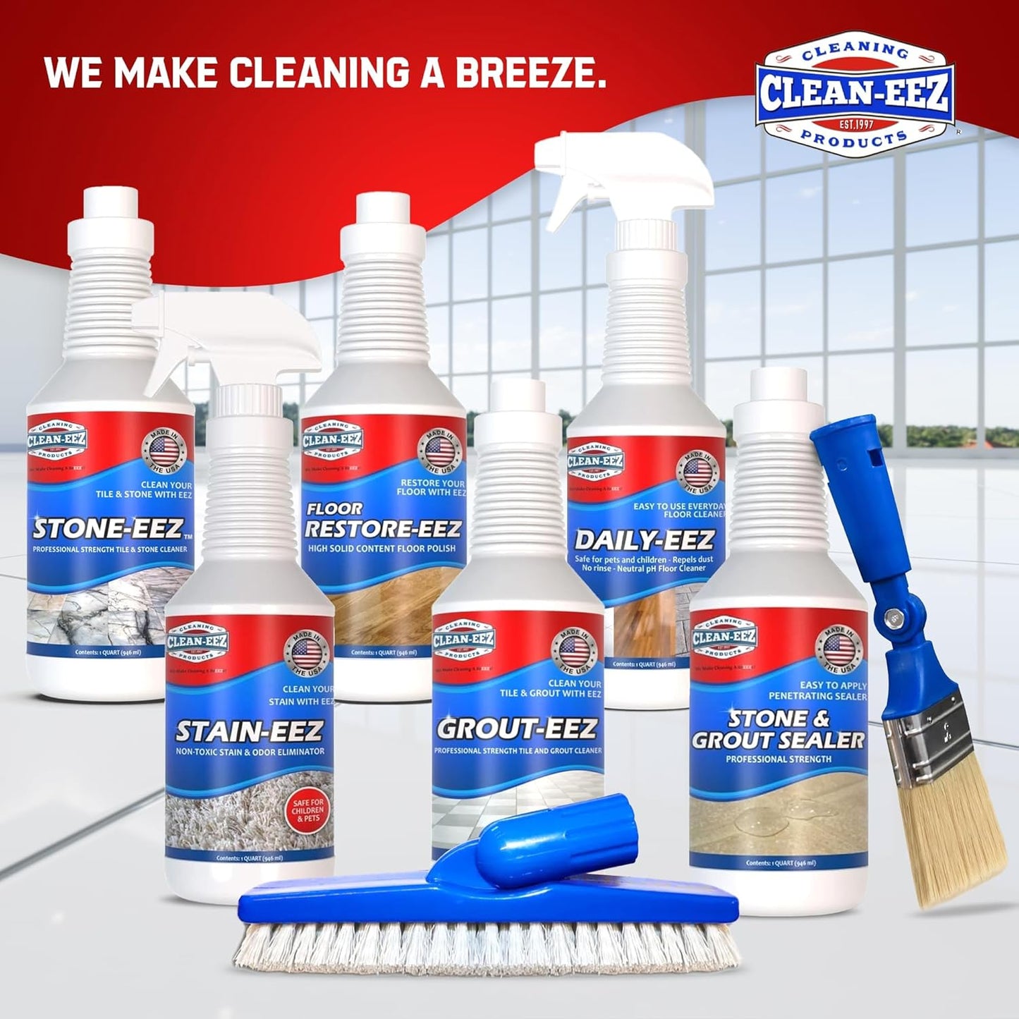 Clean-EEZ Grout Sealer - Protect Your Floors and Showers from Stains - Natural Stone Safe - Water and Oil Shield - Large 32 oz Bottle