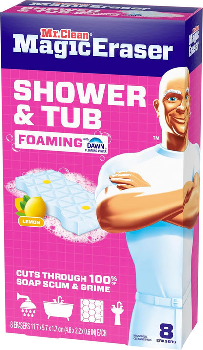 Mr. Clean Magic Eraser Sponge, Bathroom, Shower, Tub Cleaner, Soap Scum Remover, Bathroom Cleaning Supplies, Dawn Cleaning Power with Lemon Scent, Shower & Tub, 6ct