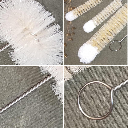 Coralpearl Bottle Brushes Thin Long Handle X 4, Skinny Wire Cleaner Set in Stainless Steel with Natural Boar Bristle at Wool Tip, Bendable Flexible for Cleaning Narrow Neck Bottles, Pipe, Tube, Hose