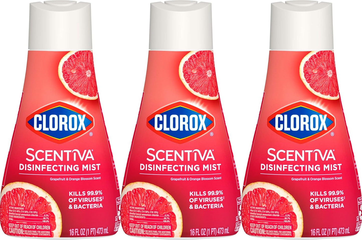 Clorox Scentiva Disinfecting Mist, Grapefruit and Orange Blossom, Refill, 16 Fl Oz Each, Pack of 3