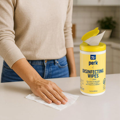 Perk Disinfecting Wipes, Lemon Scent, 75 Wipes/Canister — Multi‑Surface Cleaning Wipes for Home, Office & Classroom