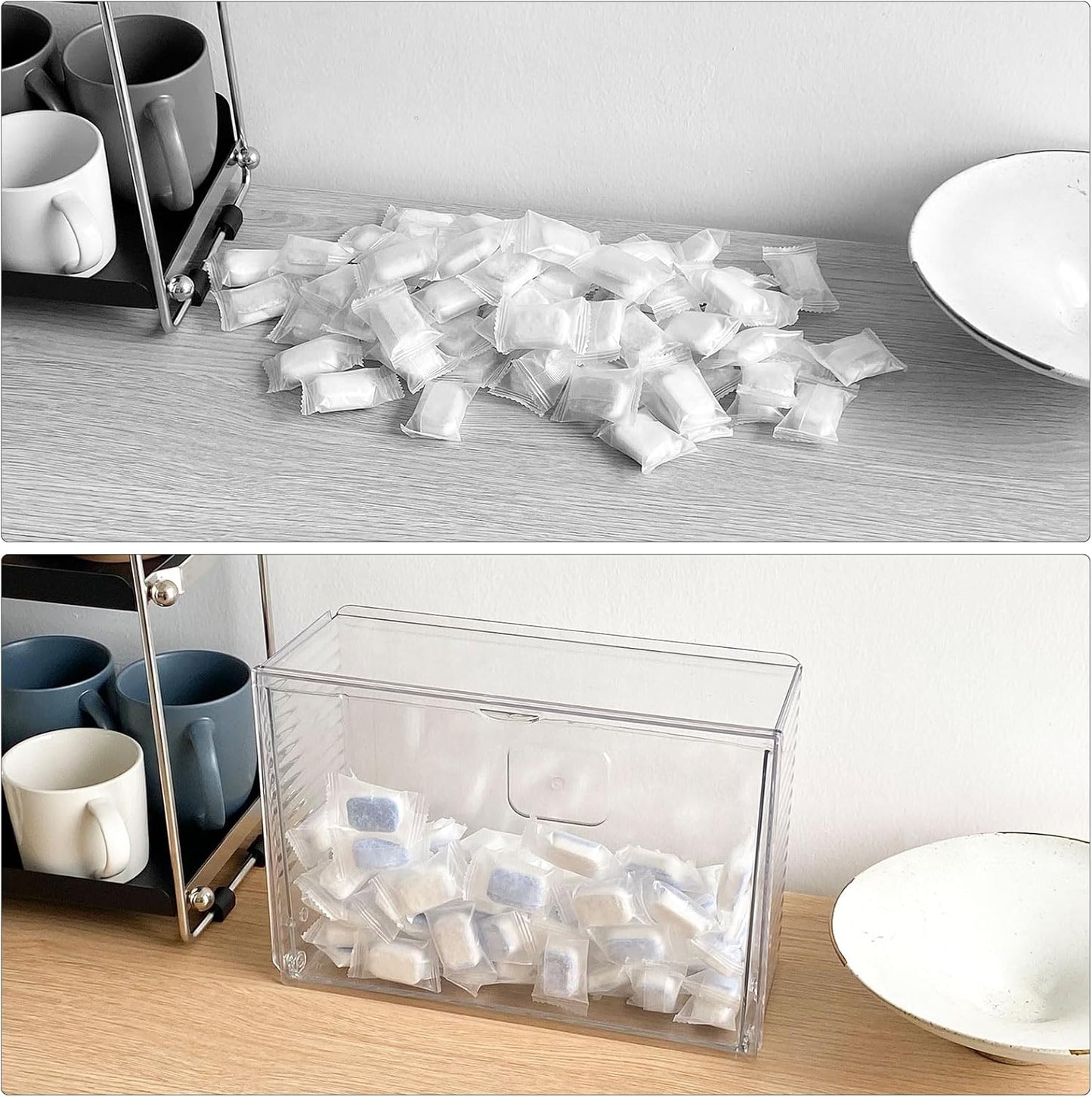 Clear Dishwasher Detergent Pod Holder for Kitchen Cabinet, Plastic Under Sink Storage and Organizer for Lid, Sponge, Coffee Pods, Large Laundry Pods Dispenser Box with Divider