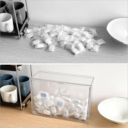 Clear Dishwasher Detergent Pod Holder for Kitchen Cabinet, Plastic Under Sink Storage and Organizer for Lid, Sponge, Coffee Pods, Large Laundry Pods Dispenser Box with Divider