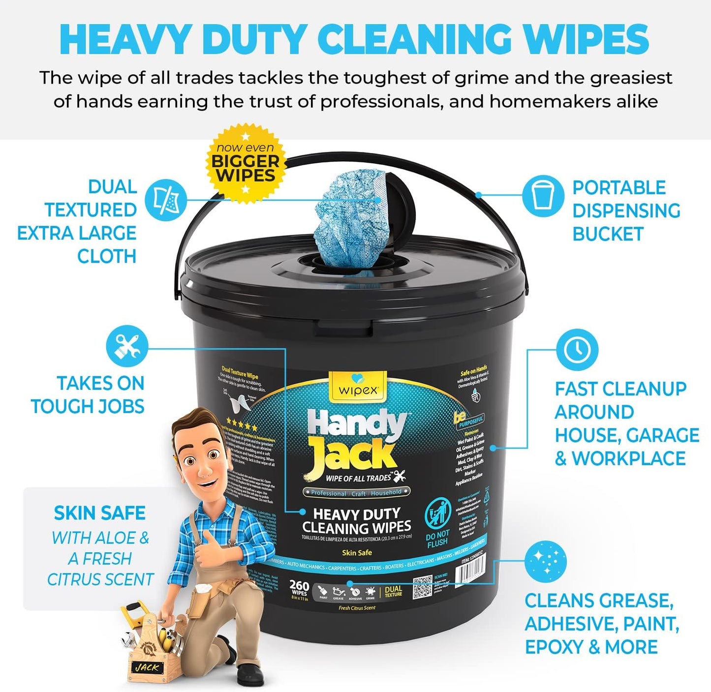 Wipex Handy Jack Heavy Duty Wipes, Dual Texture Cleaning Cloth, Use on Hands, Equipment, Tools - Removes Paint, Adhesives, Oil, Grease, & Dirt, Bulk Size, 260 Count (Pack of 1)
