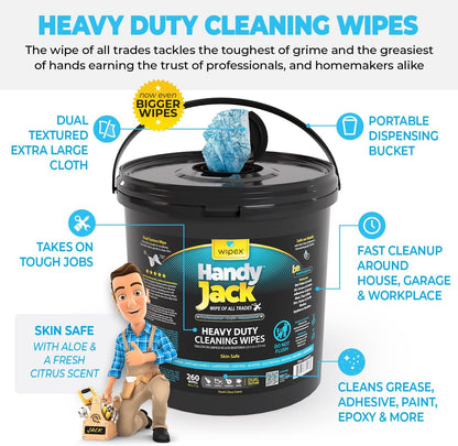 Wipex Handy Jack Heavy Duty Wipes, Dual Texture Cleaning Cloth, Use on Hands, Equipment, Tools - Removes Paint, Adhesives, Oil, Grease, & Dirt, Bulk Size, 260 Count (Pack of 1)
