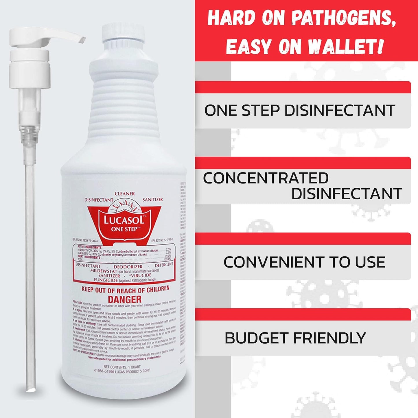 Lucasol One Step Disinfectant, 32 Fl Oz Disinfectant & 24 Oz Empty Refillable Spray Bottle Combo. Multi Purpose Cleaner Spray For Hospitals, Schools, Salons, Household Cleaning And More