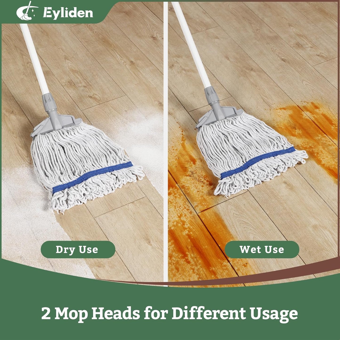 Eyliden Commercial Wet Mop with 2 Cotton Heads, Universal Clips, Heavy Duty Industrial String Mop for Floor Cleaning in Warehouse Garage Workshop Office Restaurant Hospital