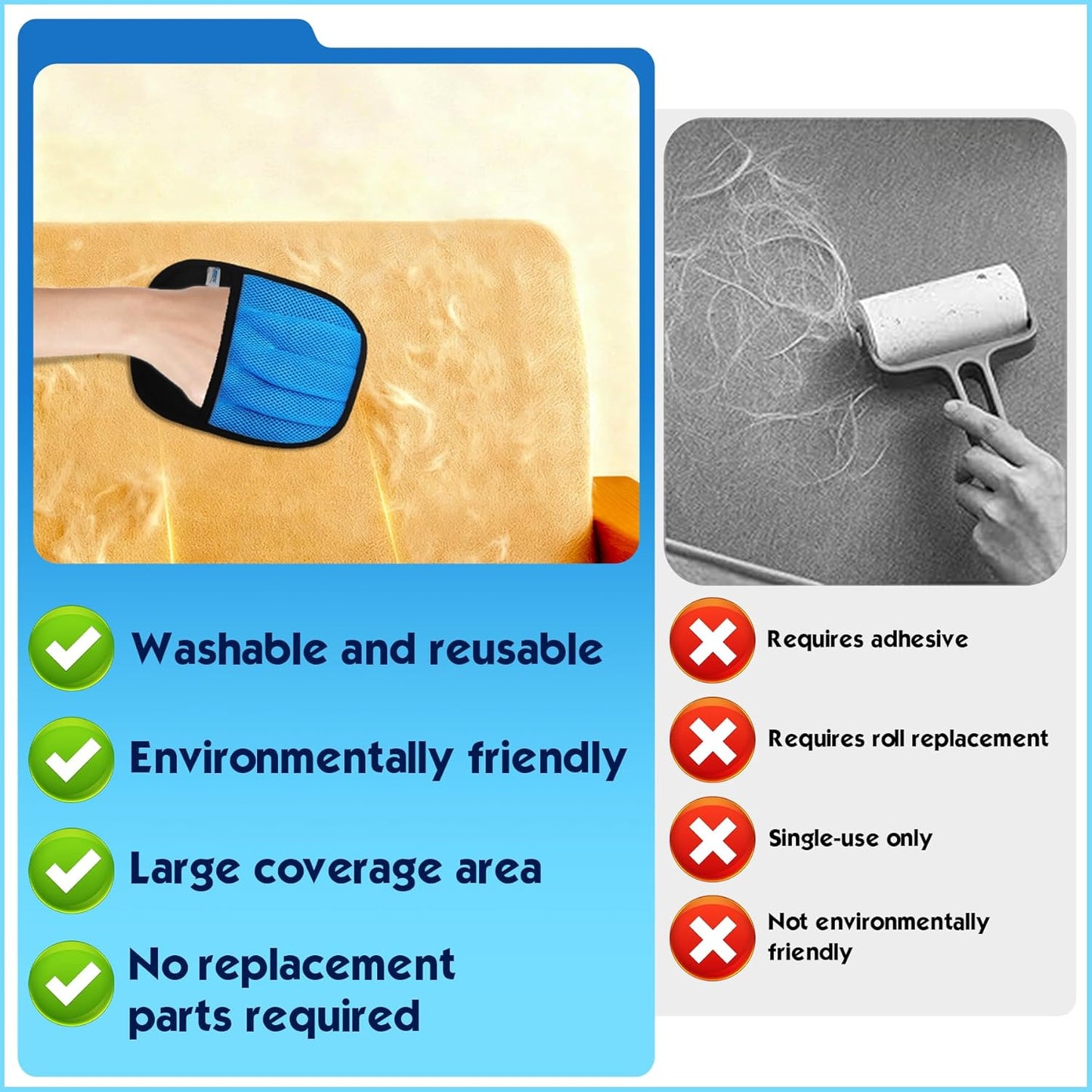 Carpet Rake for Pet Hair Removal, 54" Adjustable Long Handle 3 in 1 Carpet Rake & Pet Hair Removal Gloves for Cat Dog Fur Remover for Carpets, Rugs, Mats and Furniture(with 2 Hooks)