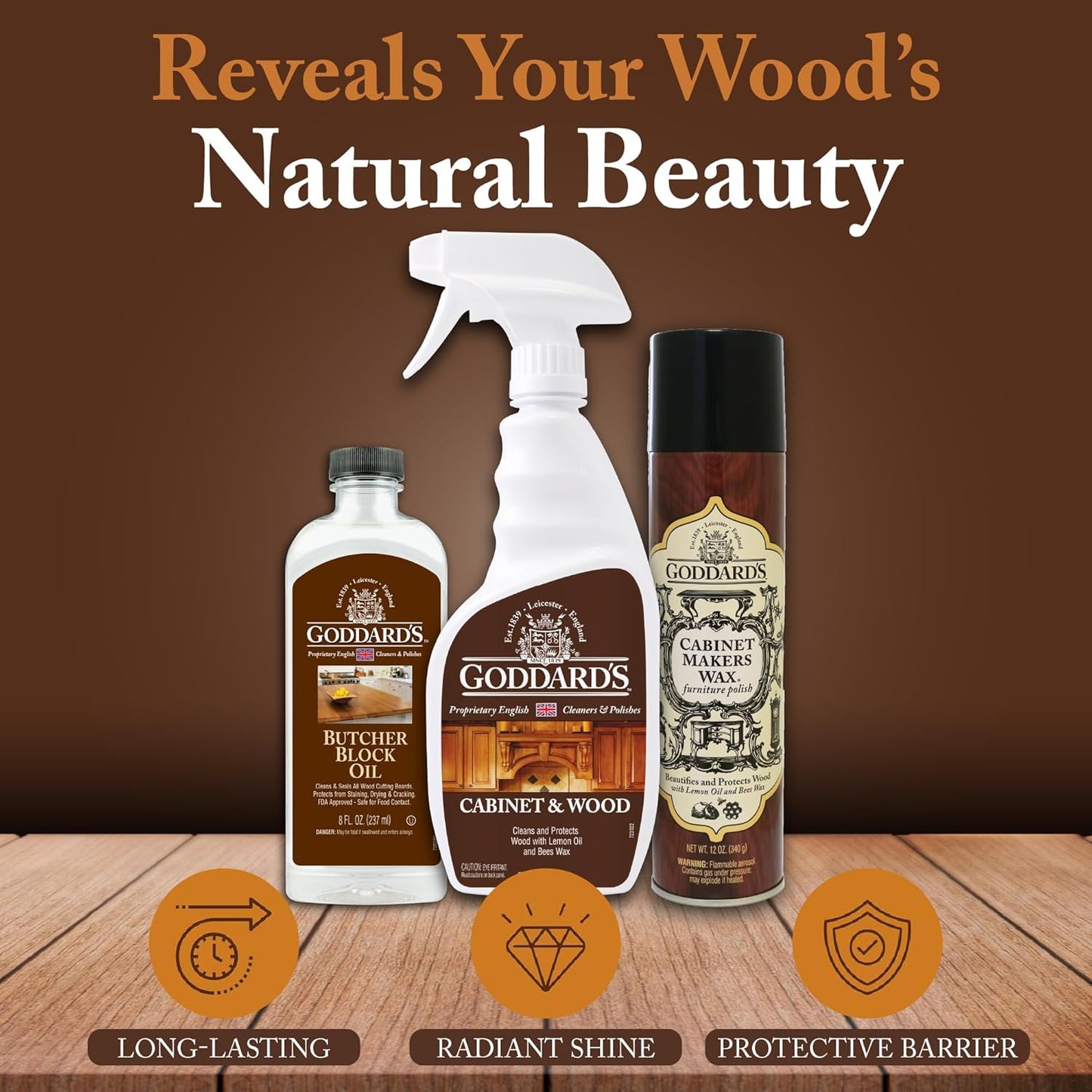 Goddard's Cabinet & Wood Wax Spray, Wood Cleaner & Furniture Polish, Wood Conditioner with Beeswax and Lemon Oil, Shine & Stain Protection, 23 oz