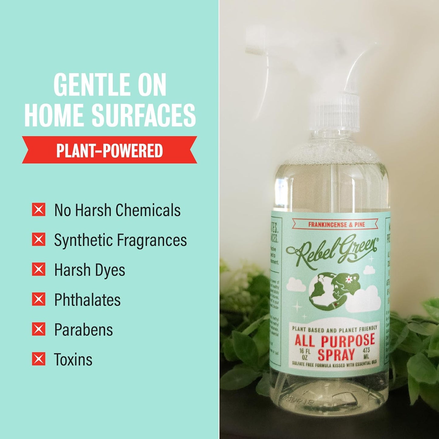 Rebel Green Natural All-Purpose Cleaning Spray - Plant-Derived Multi-Surface Cleaner with Essential Oils for Kitchen, Bath, Countertops and More - Peppermint & Lemon Scent - 16 oz - 1 Pack
