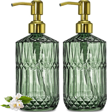 JASAI 2Pack 18Oz Green Glass Soap Dispenser with Gold Rust Proof Pump, Refillable Dish Soap Dispenser for Kitchen, Bathroom Soap Dispenser for Hand soap, Lotion, Body Wash, Dish Soap.