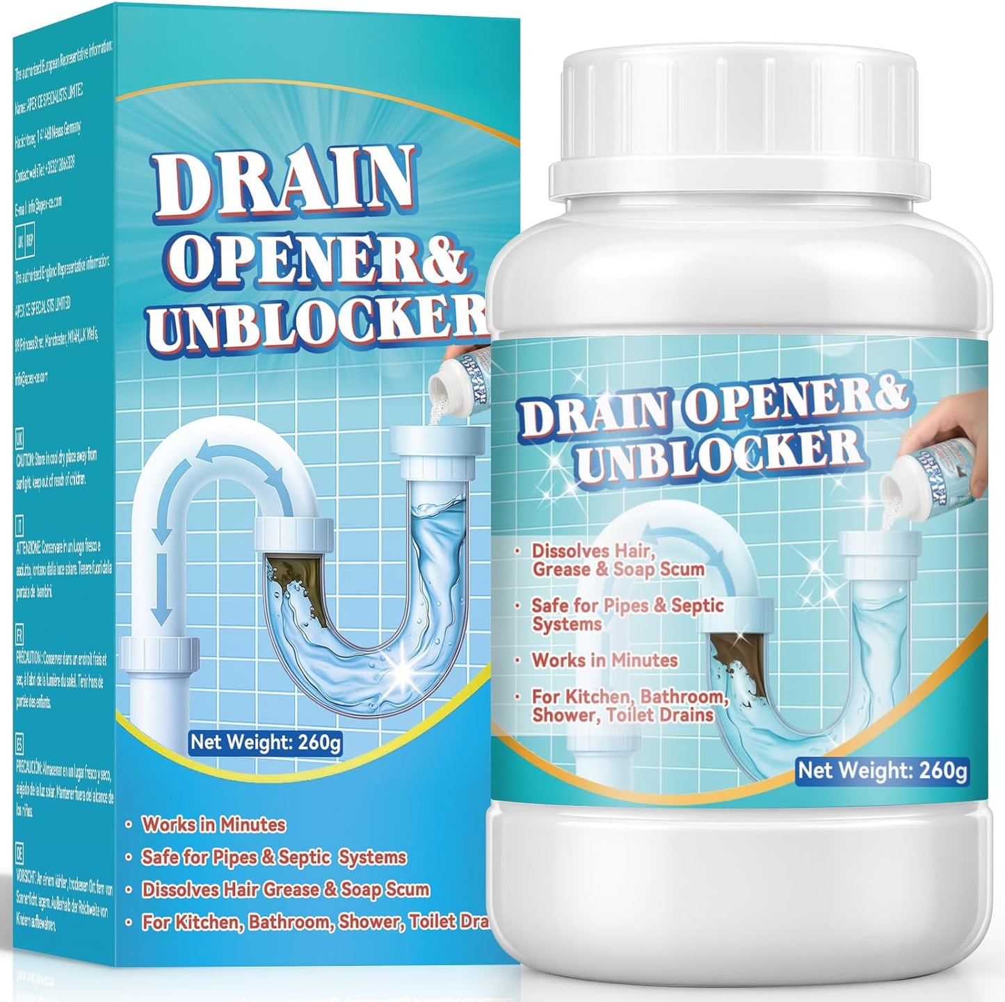 Drain Clog Remover Granules, 260g Drain Cleaner for Hair, Grease, Food Residue and Soap Scum, Drain Opener for Kitchen Sink, Bathroom Sink, Shower, Bathtub and Toilet