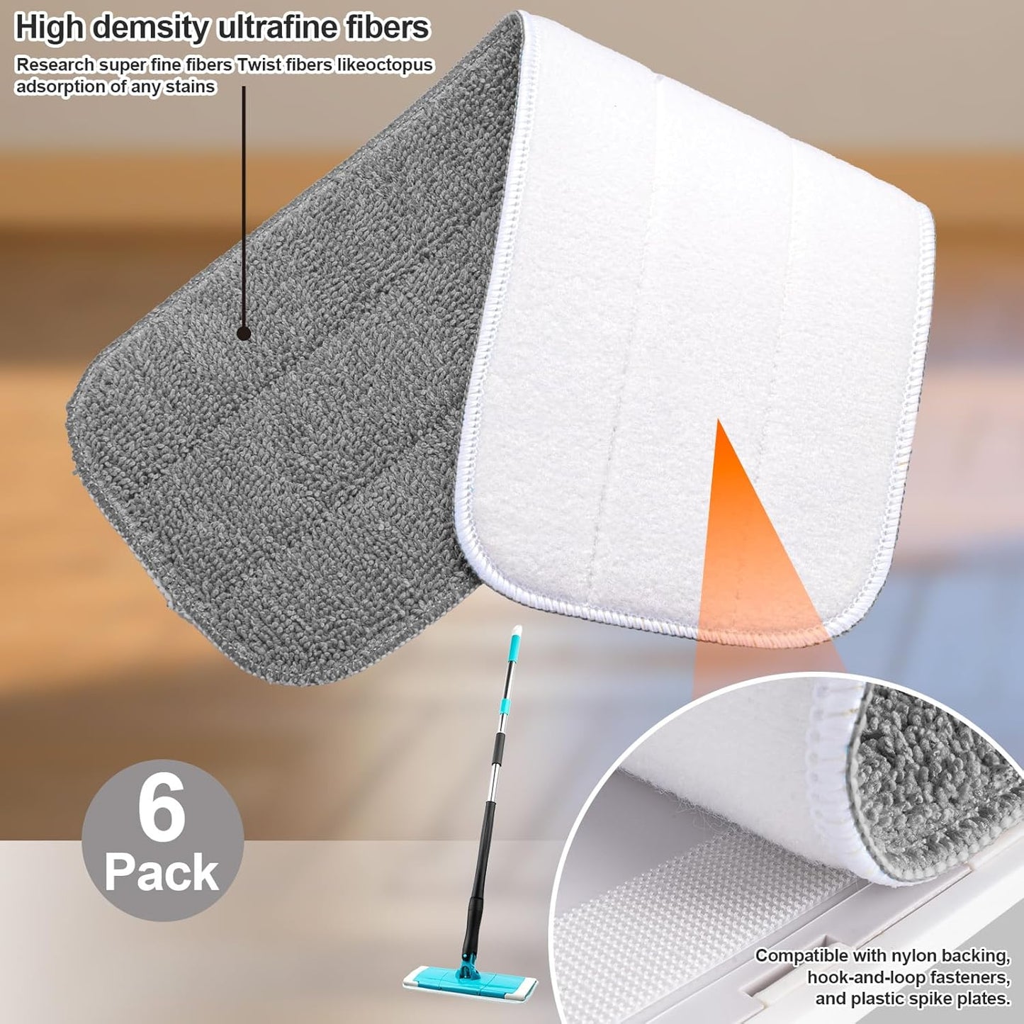 HOMEE Reusable Microfiber Mop Pads, 6 Pack 18"x 6" Mop Head Replacement, Wet/Dry Home & Commercial Cleaning Scrubbing Floor Pad - Blue,Grey,Purple