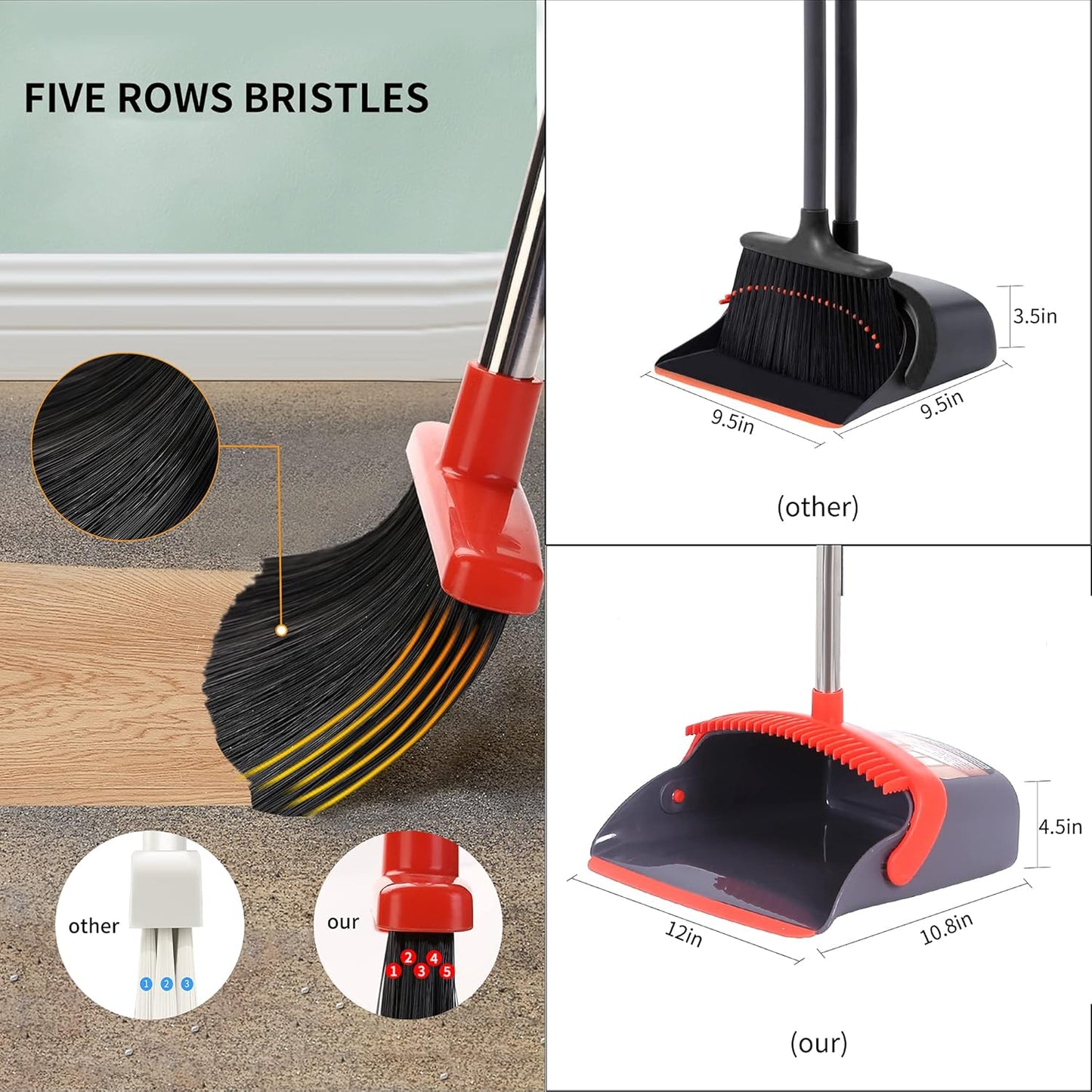 Broom and Dustpan Set for Home 2026 Indoor Outdoor Broom with Dustpan Combo Set Upright Dust Pans with Long Handle Angle Broom for Kids Garden Pet Hair Lobby Wood Floor Kitchen