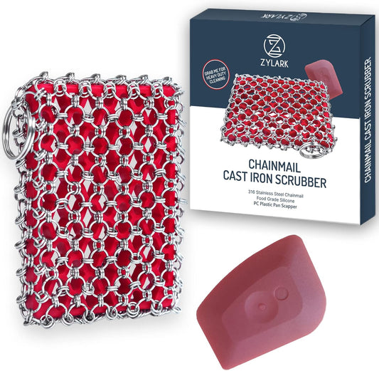 Cast Iron Scrubber Chainmail - 316L Cast Iron Cleaner Scrubber and Bamboo Cloth Set - Chain Mail Scrubber - Stainless Steel Chainmail Scrubber for Skillet, Pan, Dutch Oven - Essential Accessory