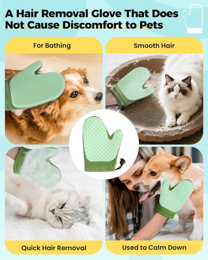 Carpet Rake for Pet Hair Removal Tool - 4 in 1 Pet Hair Remover Kit for Dog Cat Fur Remover, Contain 60" Adjustable Rubber Broom, Glove, Magic Brush and Scraper for Furniture,Short Pile Carpets, Mats