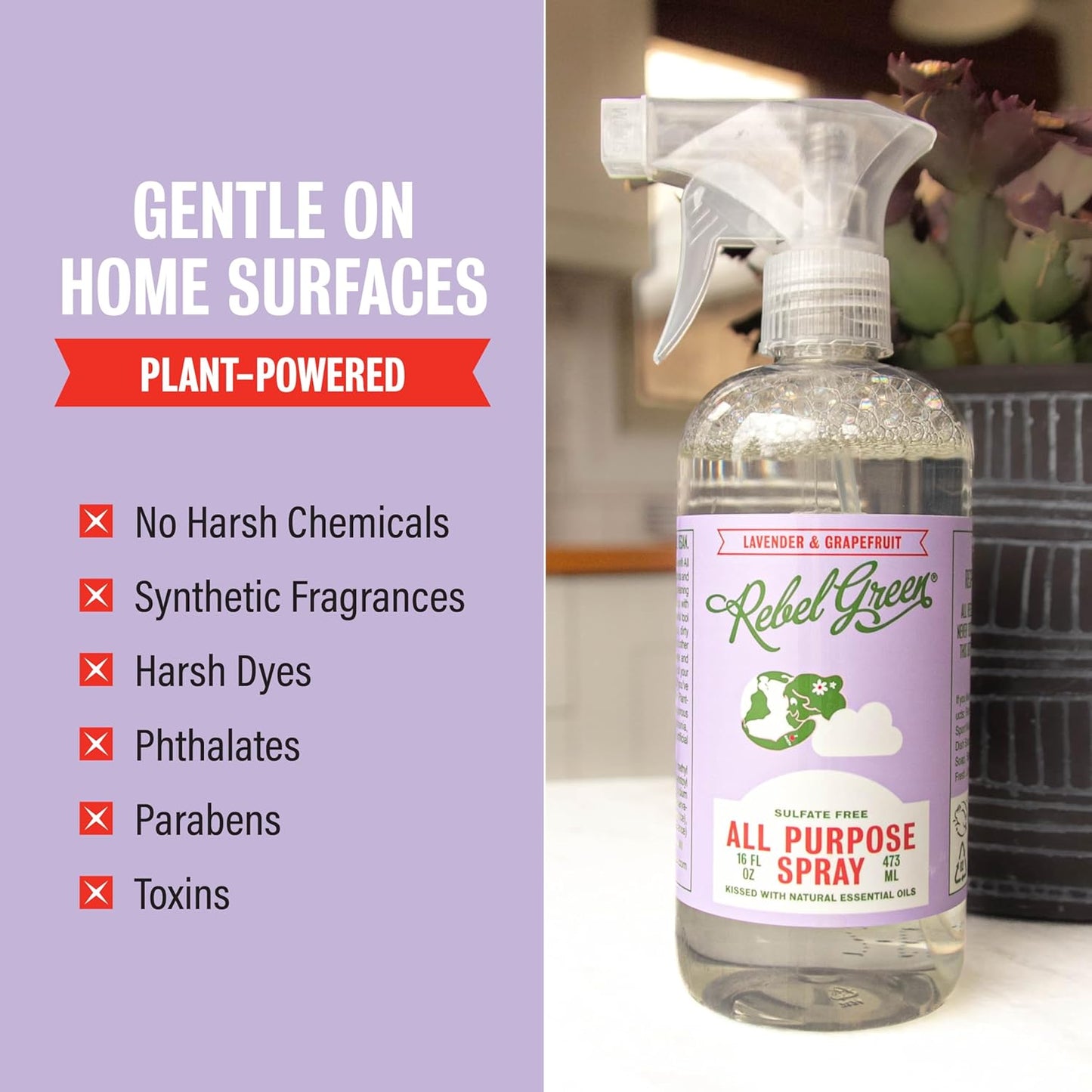 Rebel Green Natural All-Purpose Cleaning Spray - Plant-Derived Multi-Surface Cleaner with Essential Oils for Kitchen, Bath, Countertops and More - Peppermint & Lemon Scent - 16 oz - 1 Pack