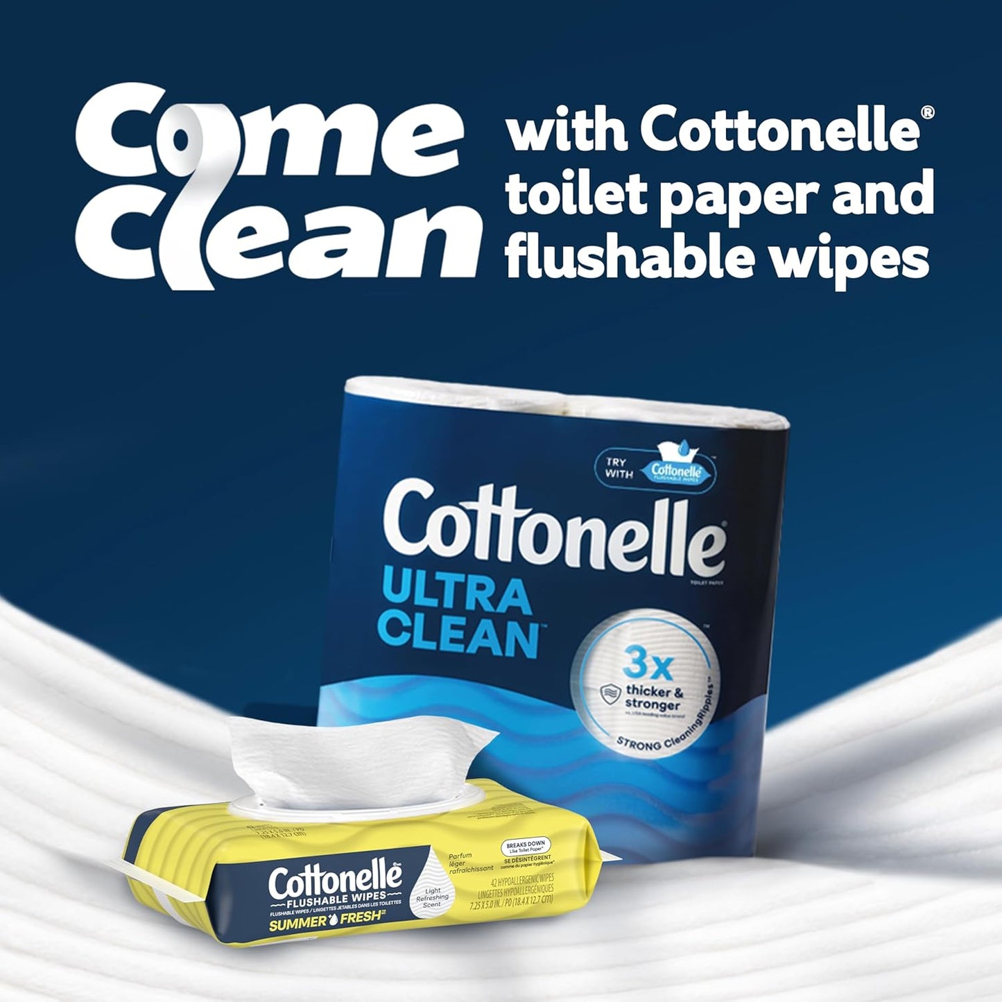 Cottonelle Fragrance Free Flushable Wet Wipes, Adult Wet Wipes, 2 Flip-Top Packs, 42 Wipes Per Pack