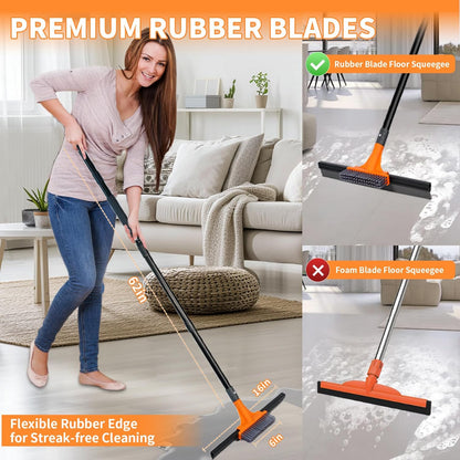 Floor Squeegee for Concrete Floor,Heavy Duty Shower Garage Floor Squeegee Broom with Scrubber Brush and 62" Long Handle for Bathroom Tile,Garage, Deck,Pool,Outdoor Floors,16 Inch,Orange