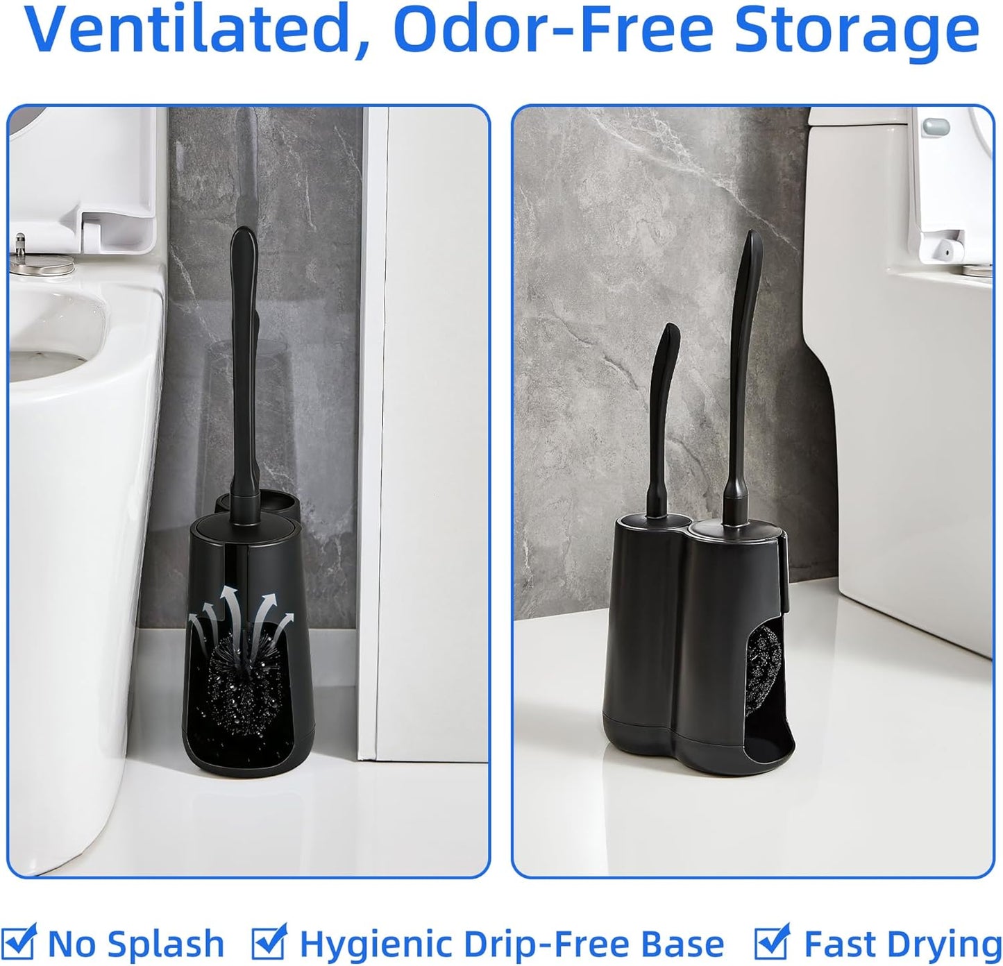Toilet Brush and Holder Set with Pumice Stone – Long Handle Toilet Bowl Brush, Anti-Splash Scrubber, Ventilated Drip-Free Base, Deep Cleaner for Hard Water Stains, Limescale, Toilet Rings, Grey