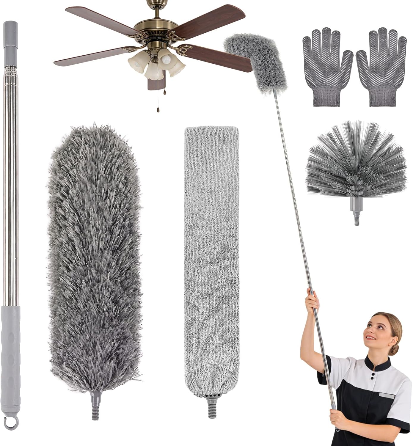 Microfiber Feather Duster 5-in-1 Kit with Extension Pole, Washable Cleaning Duster Set with 3 Duster Heads, Cobweb Duster, Corner Brush, 100'' Extendable Long Duster for High Ceilings, Fans, Furniture