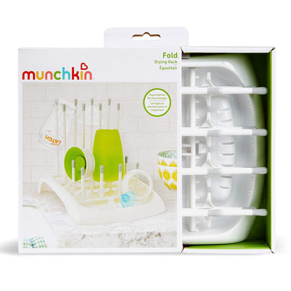 Munchkin Fold Baby Bottle Drying Rack and Bristle Bottle Brush Cleaning Essentials Set, White/Grey