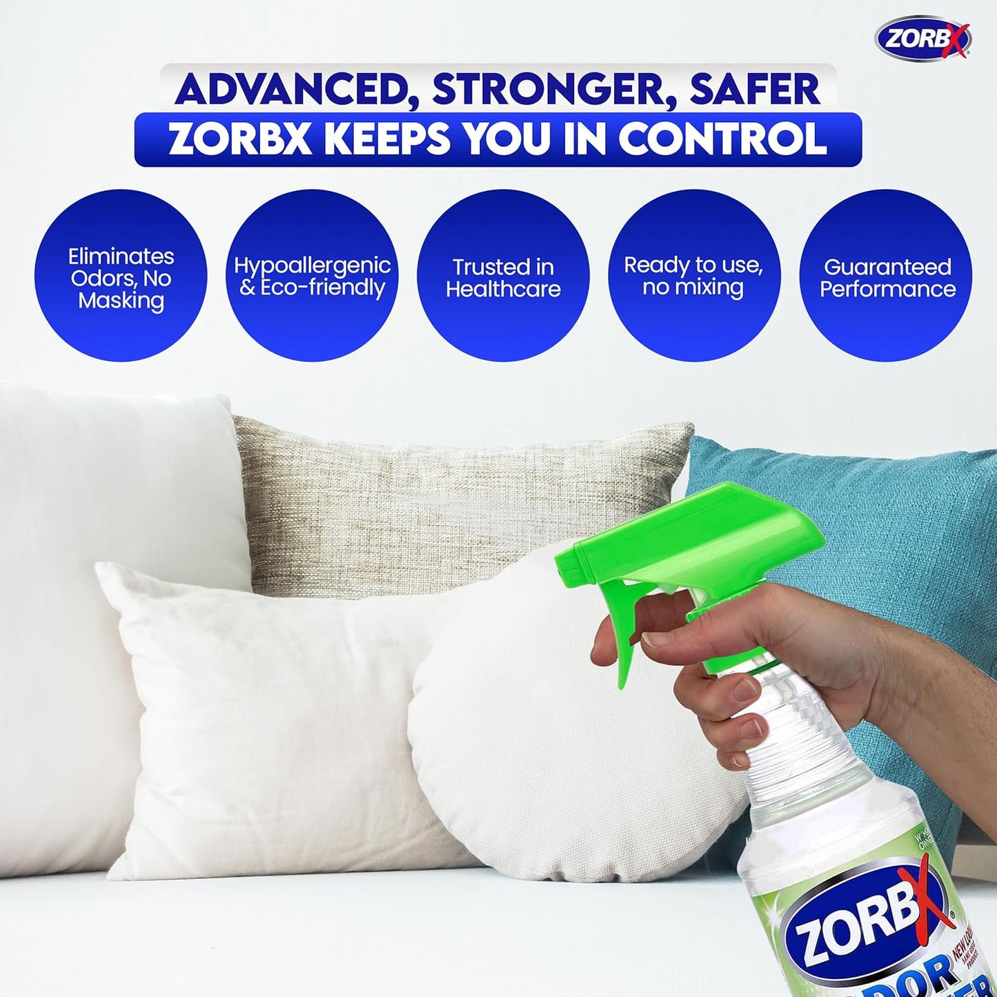 ZORBX Unscented Odor Eliminator for Strong Odor 2 Fl Oz Pack of 5 - Used in Hospitals & Healthcare Facilities - Advanced Formula, Fast-Acting Odor Remover Spray for Dog, Cat, House & Carpet