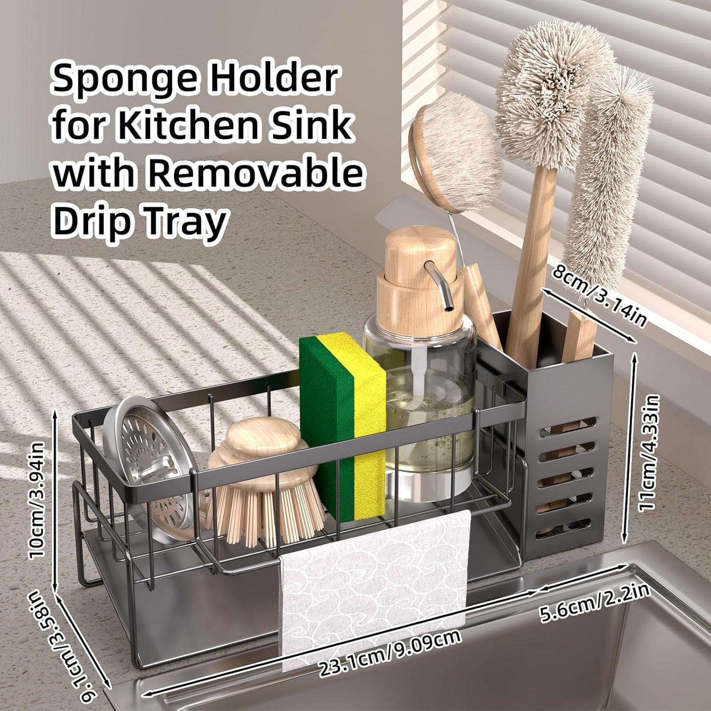 Kitchen Caddy Sink Organizer,Sponge Holder for Kitchen Sink,Dish Soap Dispenser,Kitchen Sink Accessories Countertop Organizer,Stainless Steel Sink Sponge Caddy Over the Sink Shelf