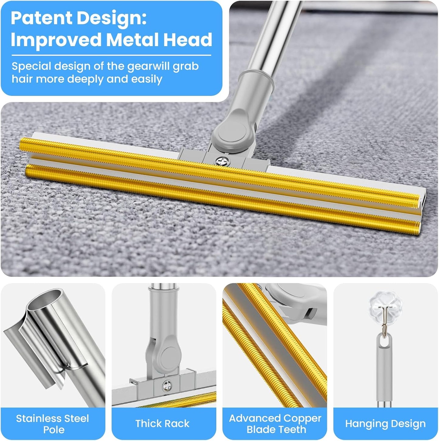 3 in 1 Carpet Rake for Pet Hair Removal, Tool Set of 3, 55” Long Handle Carpet Pet Hair Removal Carpet Scraper Dog Cat Hair Remover for Sofa, Couch, Car, Rug