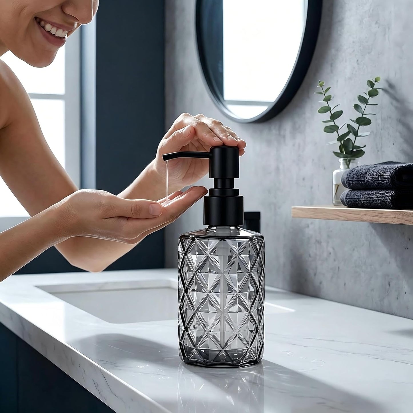 12 Oz Clear Black Glass Soap Dispenser with Plastic Pump - Refillable Liquid Hand Soap Dispenser for Kitchen Soap Dispenser for Bathroom, Hand Soap, Dish Soap