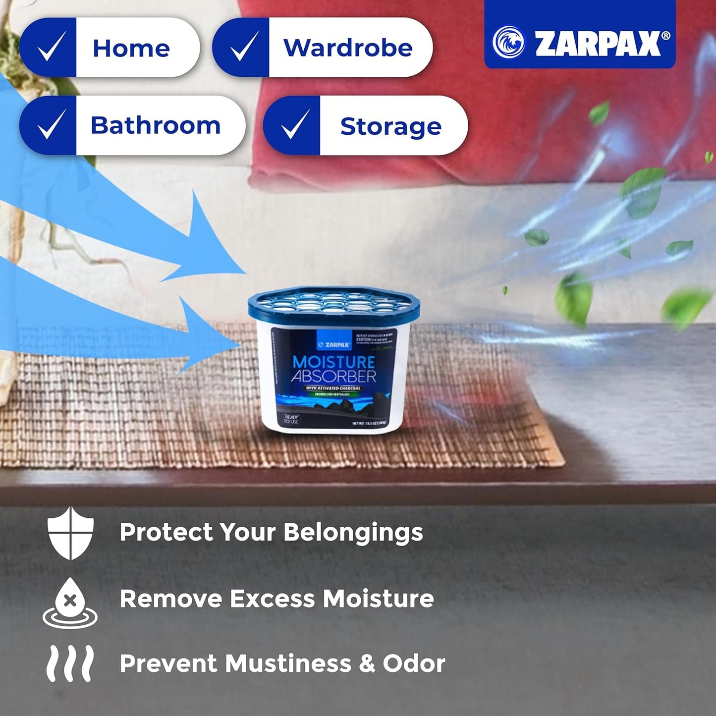ZARPAX Moisture Absorber Activated Charcoal 10.5 oz/300g | Removes Moisture, Damp, Humidity & Odors | Odor Absorber | Moisture Trap for Bathroom, Closet, Kitchen & Small Spaces | Set of 6