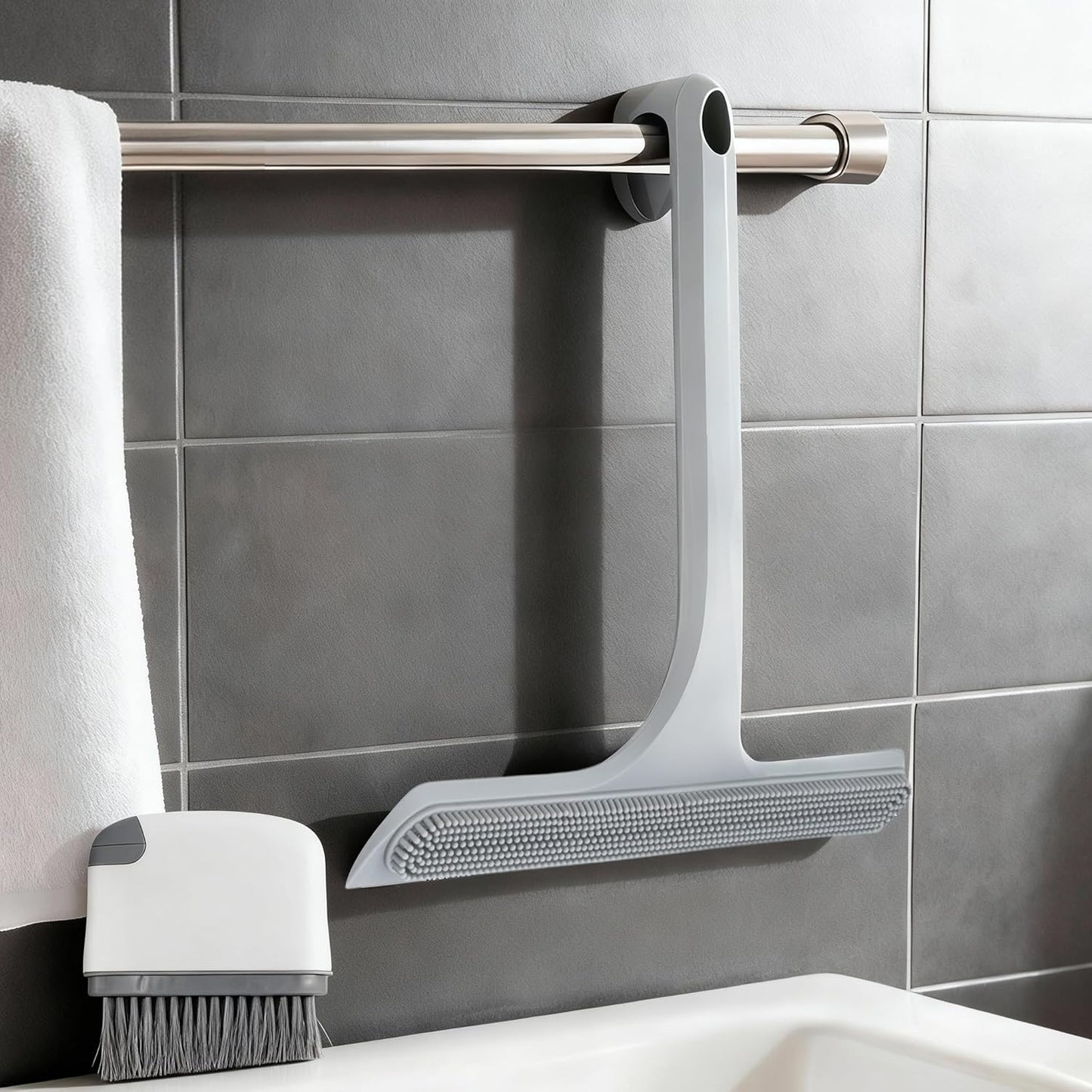 16.7“- 59.5" Long Handle Window Squeegee with Extension Pole, 12.4" Wide Metal Shower Squeegee for Glass Doors, 2-in-1 Squeegee for Home Window Cleaning, Tile Wall, Car (Silver)