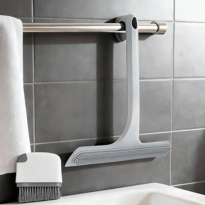 16.7“- 59.5" Long Handle Window Squeegee with Extension Pole, 12.4" Wide Metal Shower Squeegee for Glass Doors, 2-in-1 Squeegee for Home Window Cleaning, Tile Wall, Car (Silver)
