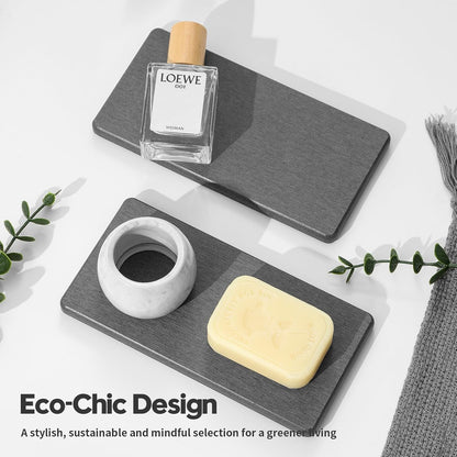 2PCS Water Absorbing Stone Drying Tray for Kitchen Counter & Bathroom Sink, Diatomite Faucet Splash Guard, Soap Dispenser Rack & Sponge Holder Caddy Organizer, Marble White (Printed Pattern), 9"x 3.5"