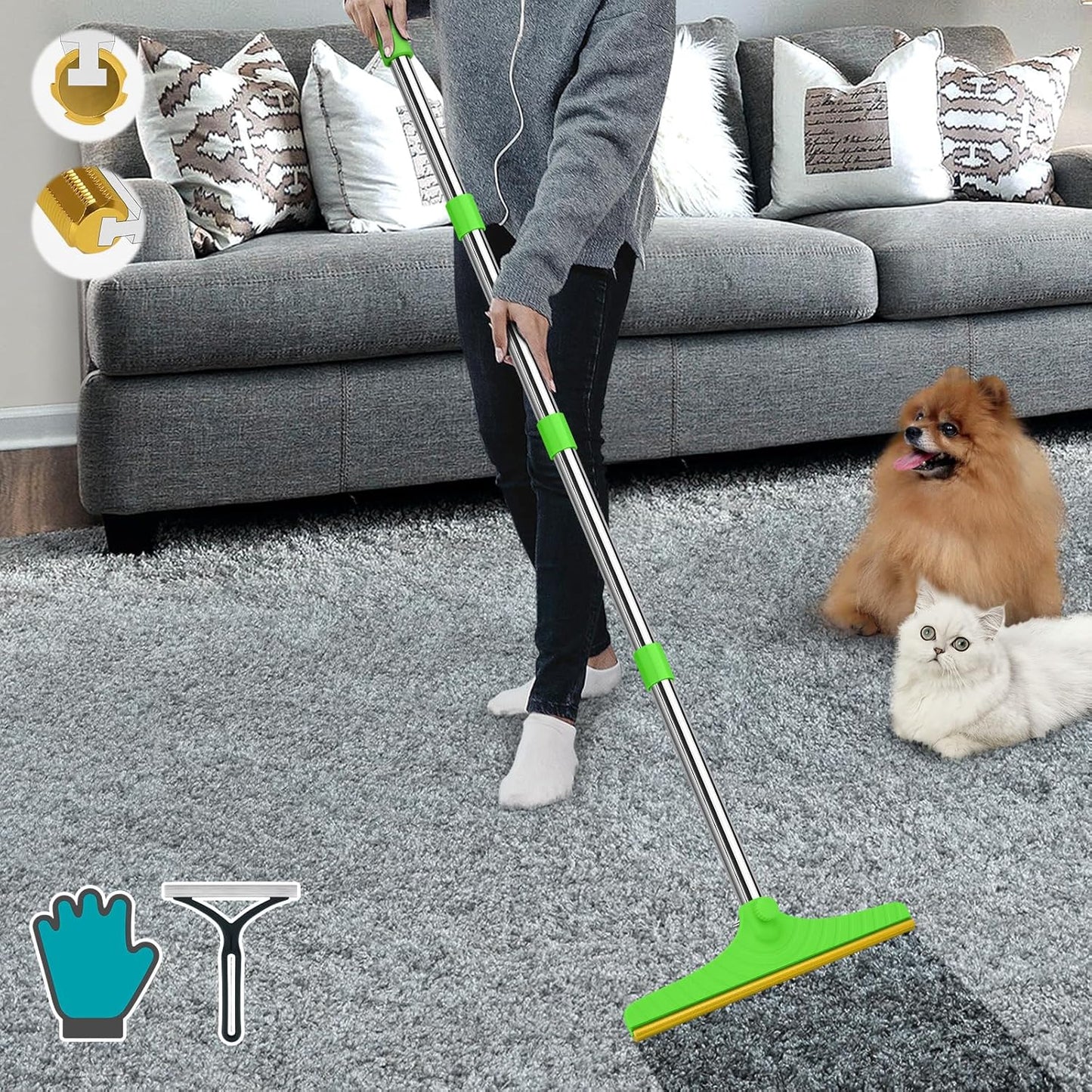 B-Land Carpet Rake for Pet Hair Removal, Reusable Pet Hair Remover with 60” Adjustable Long Handle, Carpet Scraper Dog Cat Hair Remover Tool for Rugs, Mats