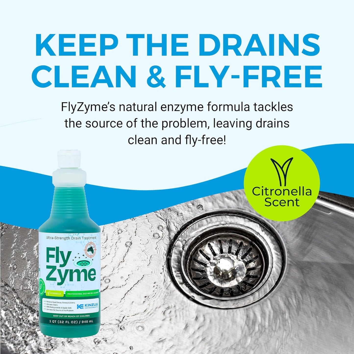 Fly-Zyme, Highly Concentrated Enzyme Drain Cleaner for Pipes, Drain Gel for Fruit Flies, Organic Waste Degrader & Odor Neutralizer, 32 fl oz