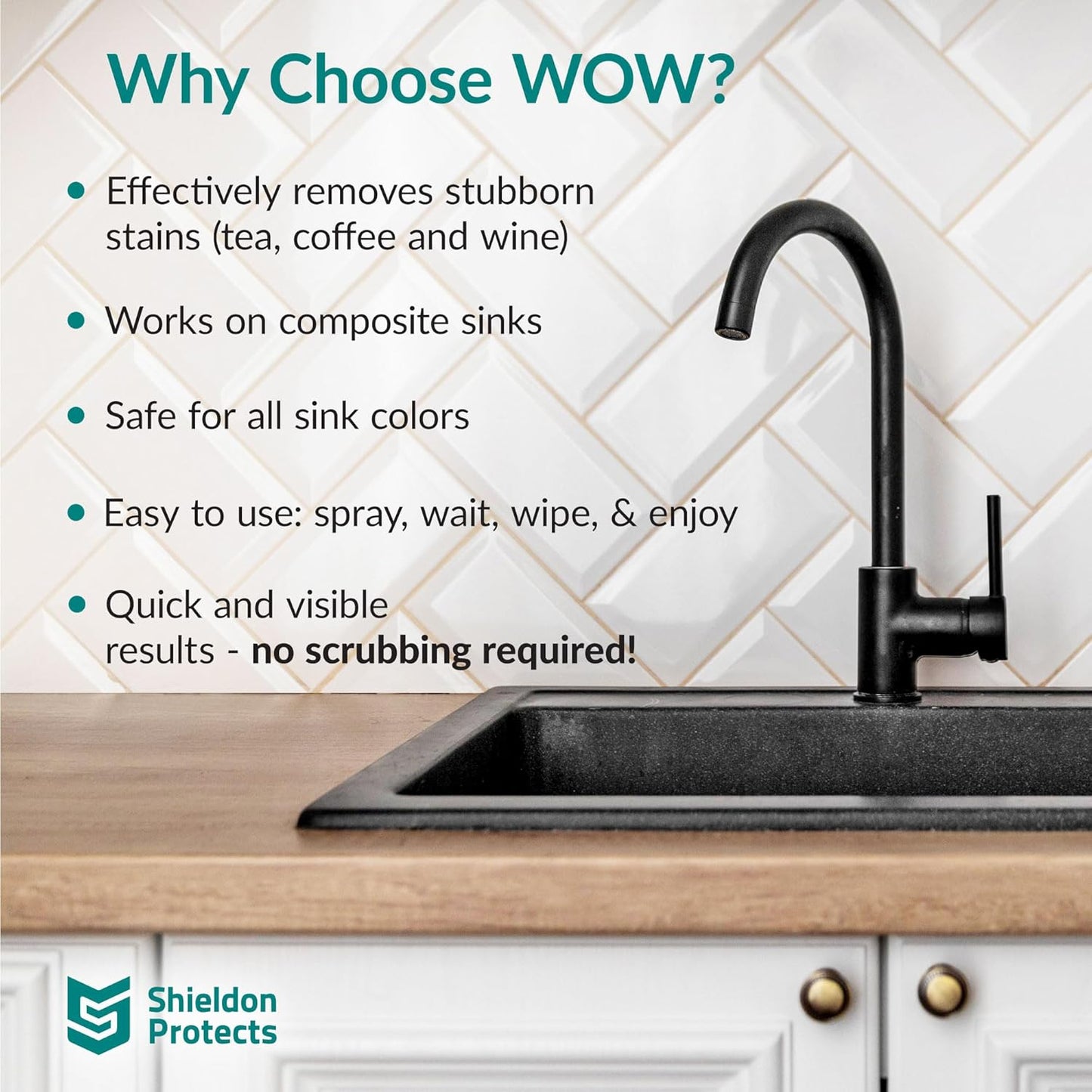 Shieldon Protects WOW cleaning spray for Composite and Conglomerate Sinks - Granite Composite Cleaner for Discoloration and Stains - Silgranit, Fragranit and Blanco - 250ml