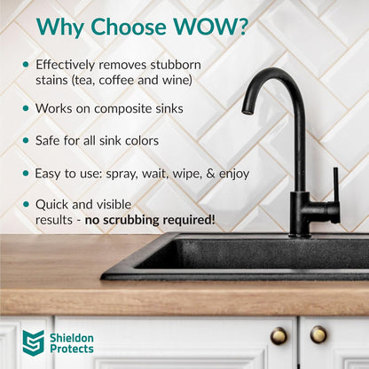 Shieldon Protects WOW cleaning spray for Composite and Conglomerate Sinks - Granite Composite Cleaner for Discoloration and Stains - Silgranit, Fragranit and Blanco - 250ml