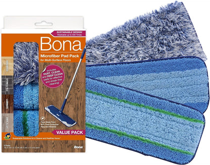 Bona Mop Microfiber Cleaning Pad for Hardwood & Hard Surface Floors - Value 3-Pack - For Use With Bona Mops - Dual Zone Cleaning
