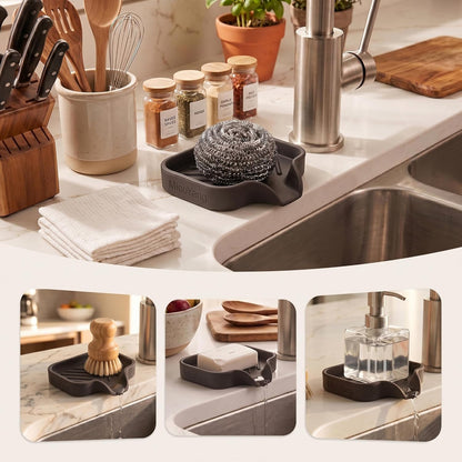 MicoYang Silicone Bathroom Soap Dishes with Drain Spout-Bathroom and Kitchen Sink Organizer,Sponge Holder,Dish Soap Tray,Perfect for Dispenser,Scrubber,Bottle,Cup on Sink or Counter-Black 4.9"×3.2"