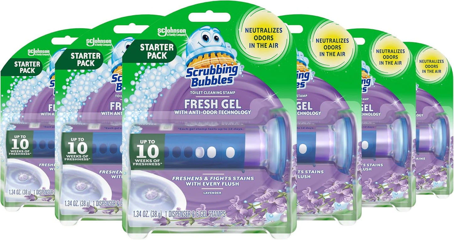 Scrubbing Bubbles Fresh Gel Toilet Bowl Cleaning Stamps, Helps Keep Toilet Clean and Helps Prevent Limescale & Rings, Lavender Scent, 1 Dispenser with 6 Fresh Gel Stamps (6 Pack)