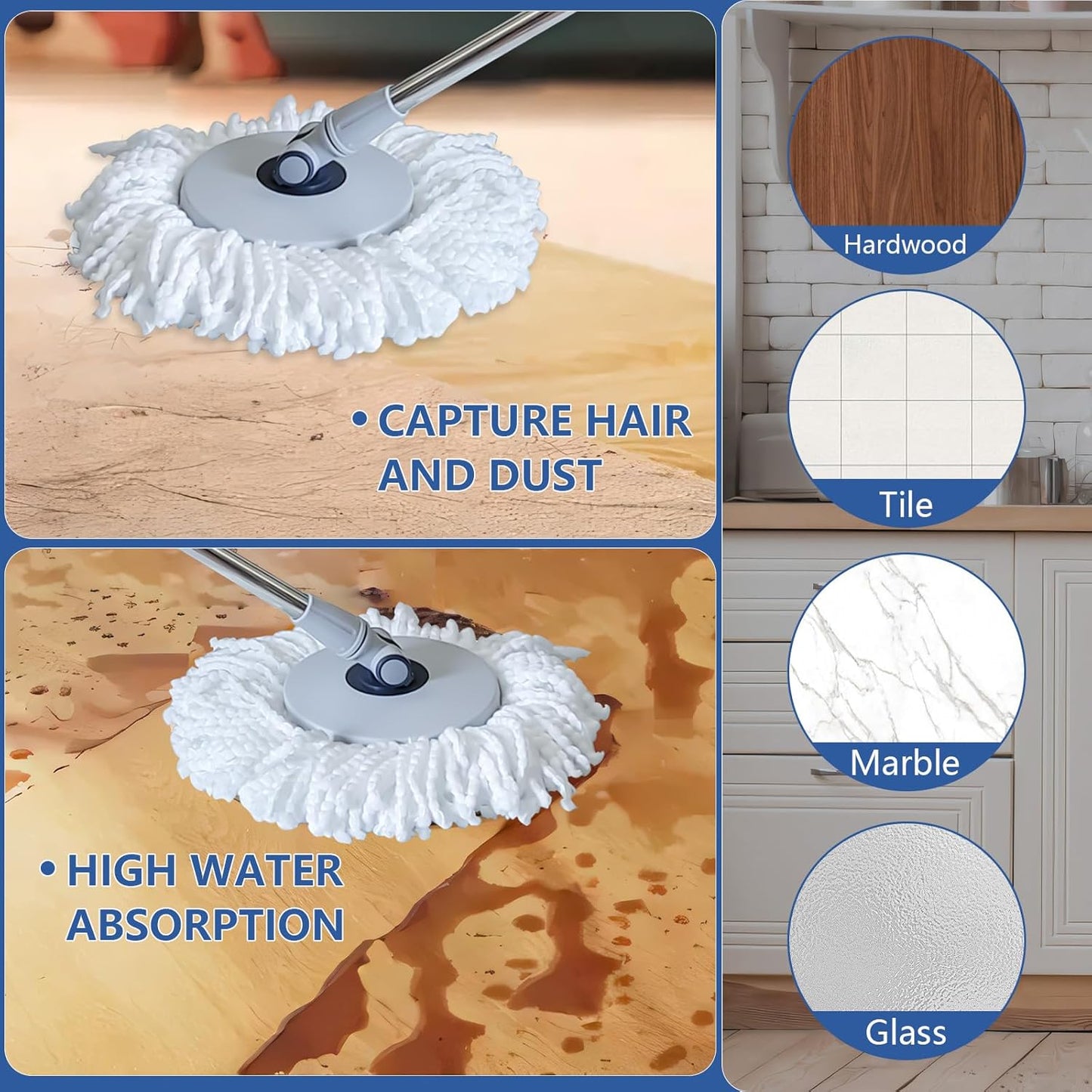 Spin Mop and Bucket with Wringer Set, Bucket with Handle & Wheels, Wiht 6 Microfiber Mop Heads and Brush for Cleaning, 360° Spinning with 60 Inch Extended Pole