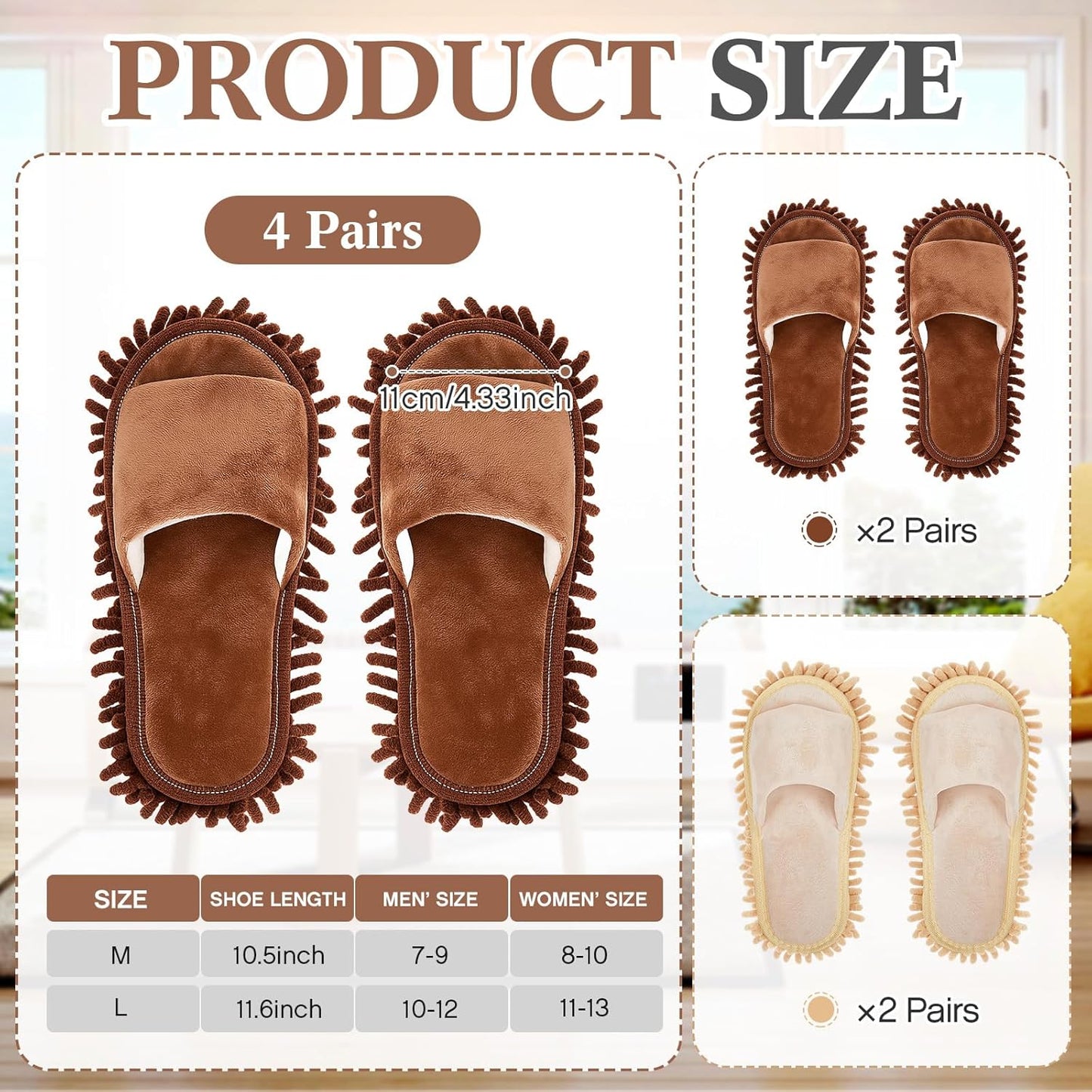 Jecery 4 Pair Washable Microfiber Mop Slippers Detachable Dusting Shoes for Floor Cleaning, Office & Home Use Suitable for Women & Men(Blue, Brown, Beige, White,L Size)